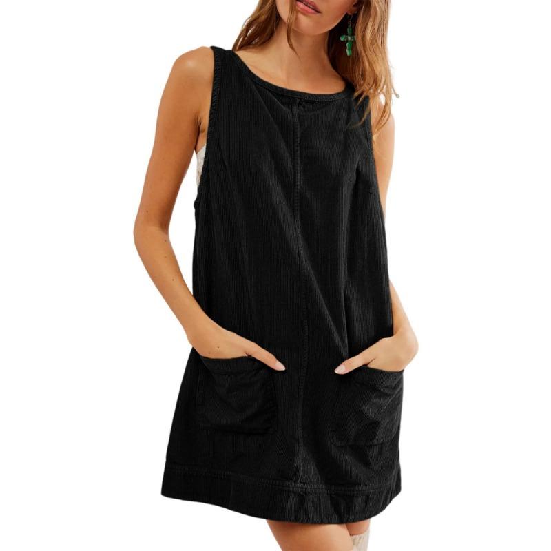 

YYFS Женская мода лето весна однотонный принт без рукавов О-образный вырез свободная талия повседневные платья XXL чёрный