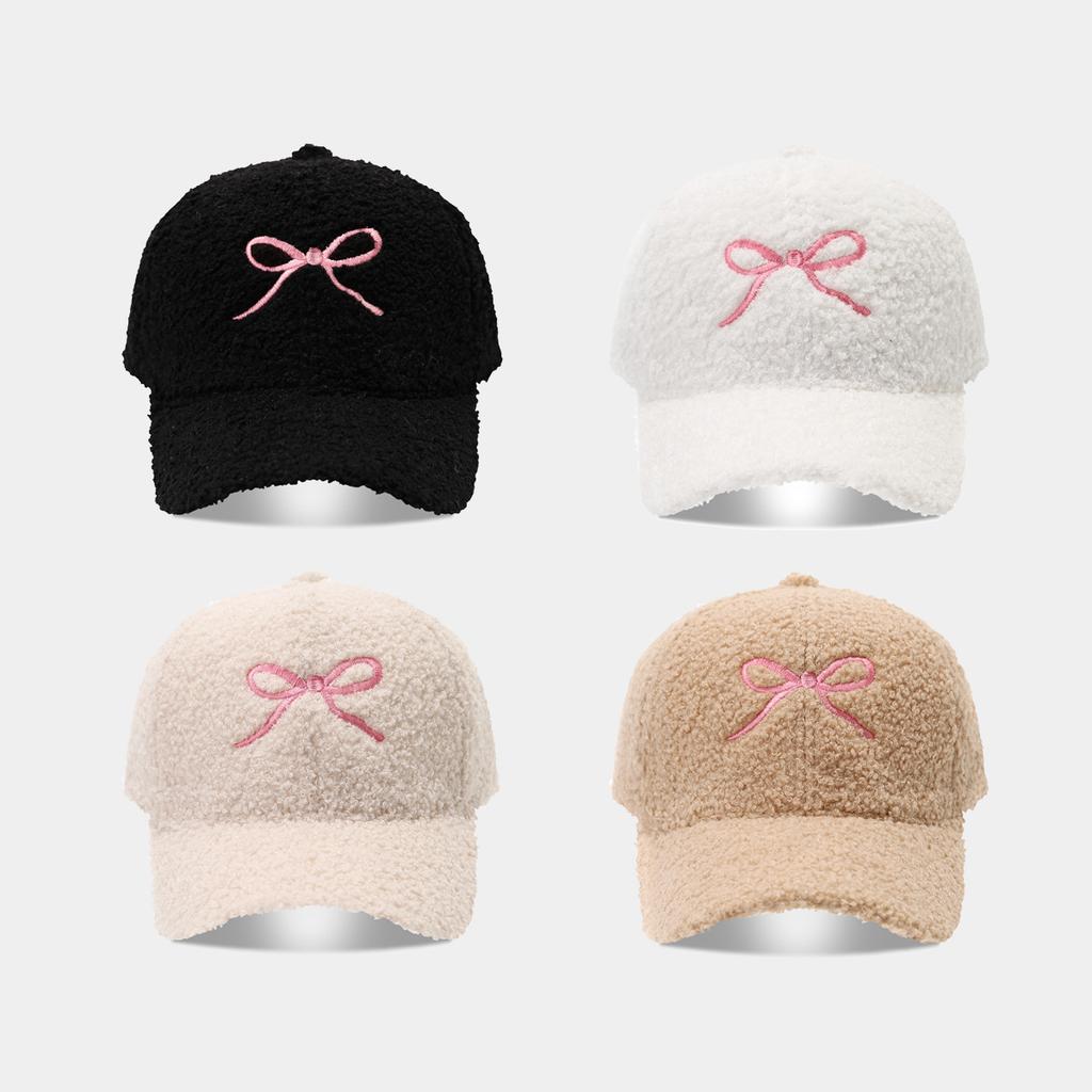 Women'S Autumn And Winter Sheepskin Warm Cap, Fashionable Bow Embroidery Teddy Fur Face-Enhancing Small Baseball Cap