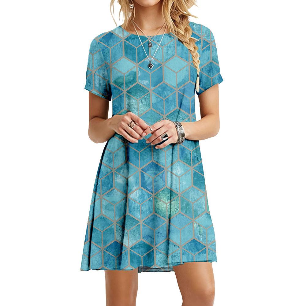 S-6XL Übergröße Mode Damen 3D Geometrischer Druck Kleid Lässig Rundhals Kurzarm Kleid Sommer Locker Mini Kurzes Kleid