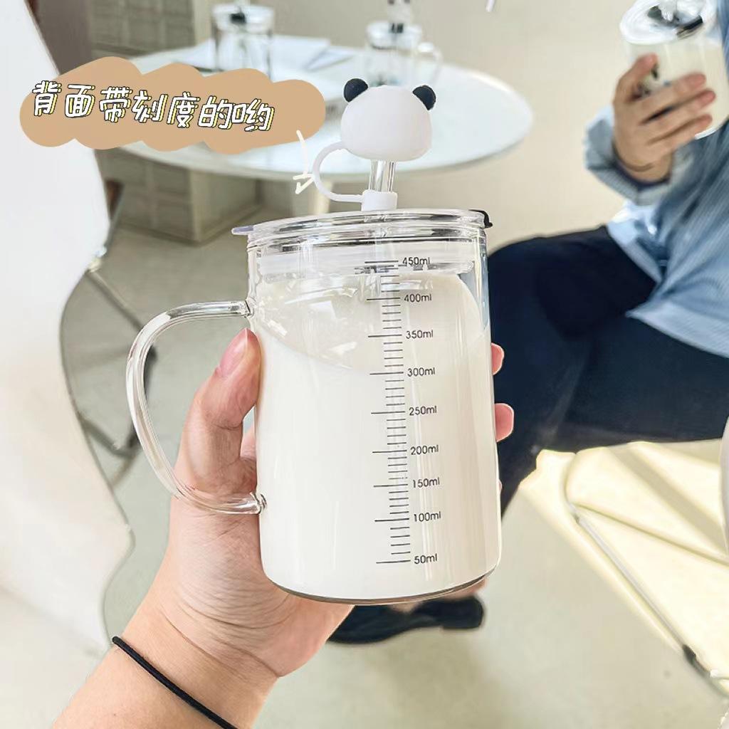 High-Value Transparent Water Cup Gift Cute Cartoon Breakfast With Lid Household Wind Glass