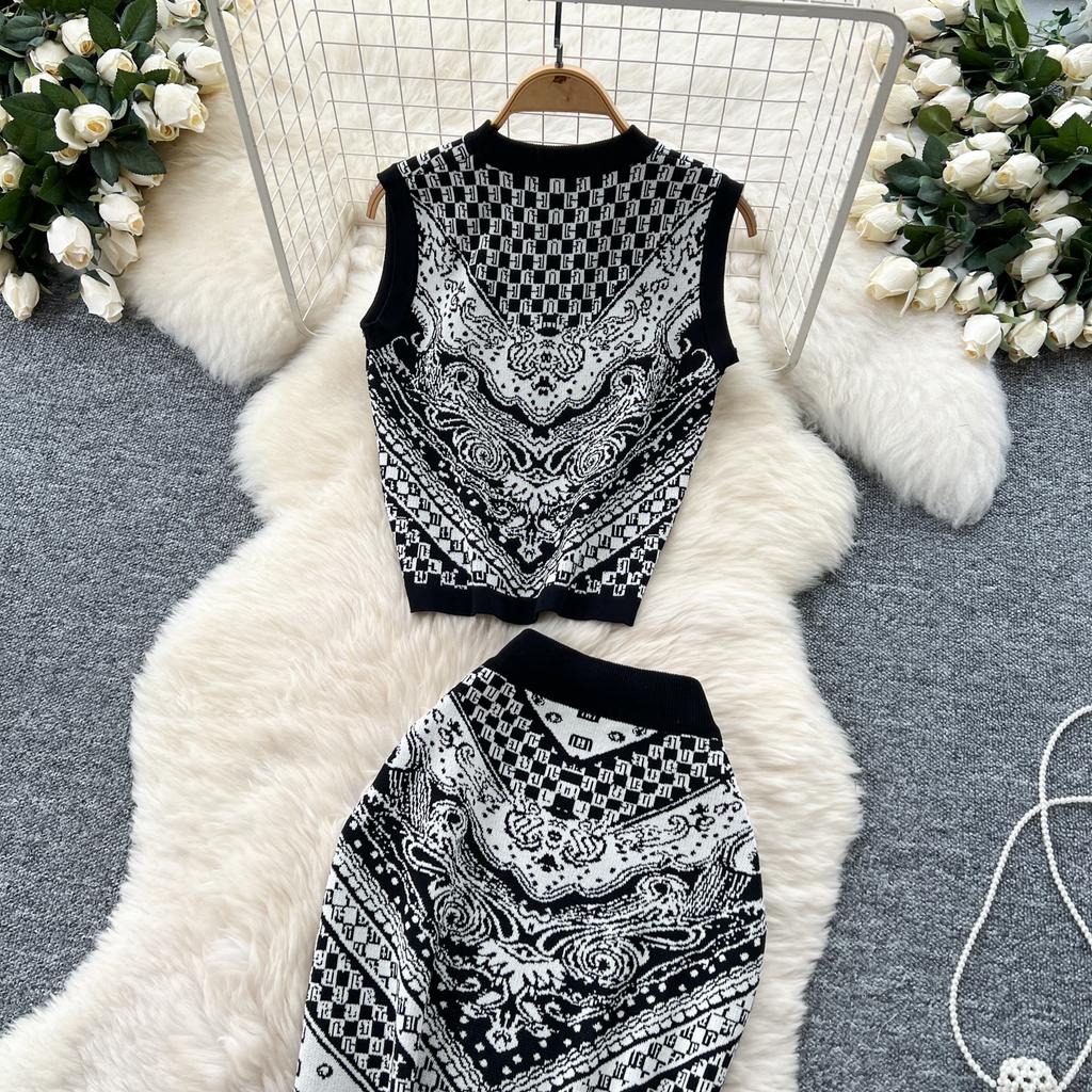 Letní dámský vintage barokní potisk přehlídkový dvoudílný set pletený svetr pulovr tílko topy a bodycon pouzdrová sukně outfity