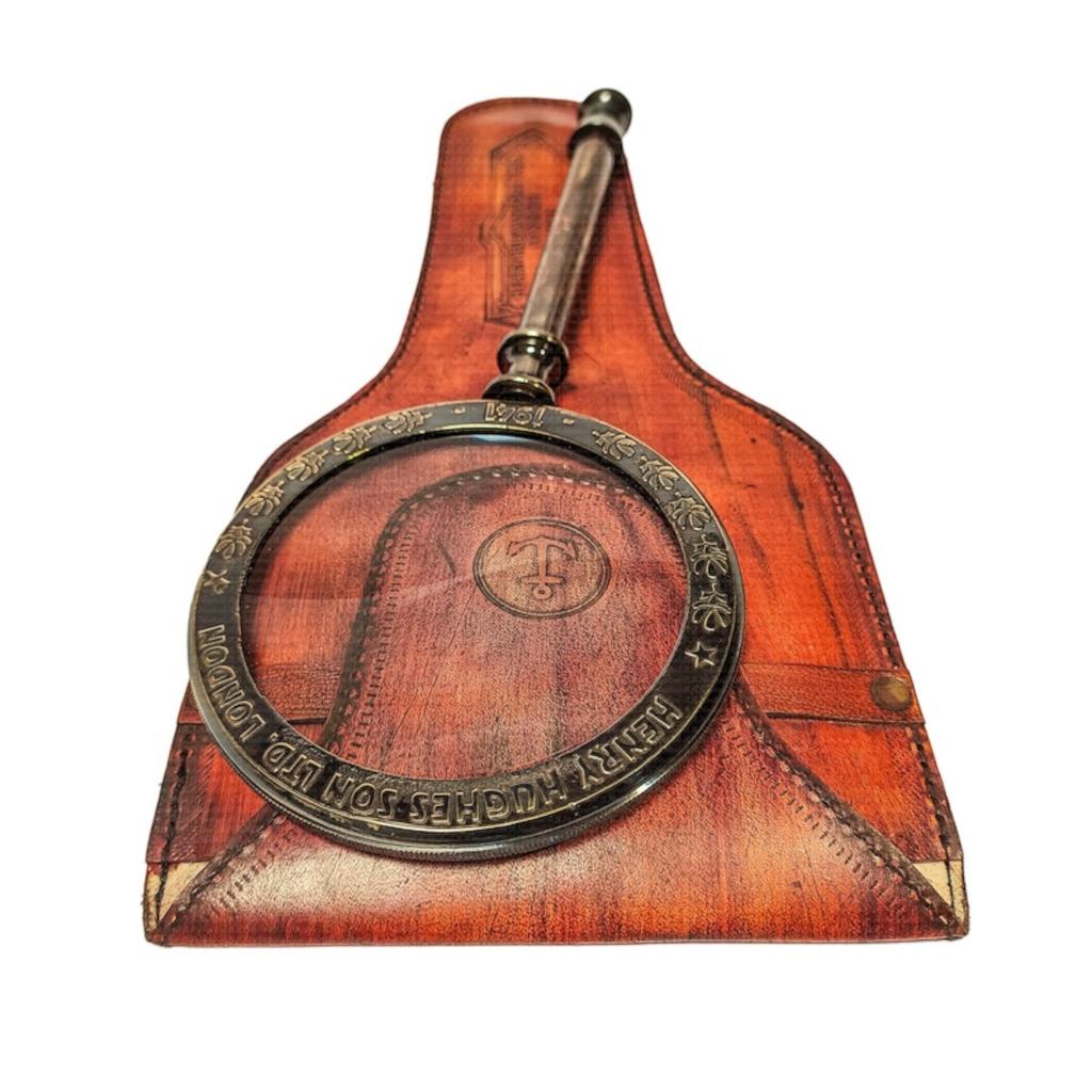 10X Large Solid Magnifying Glass with Orange Leather Cover | Vintage Texture Antique Brown Finish, Handmade Gifts for Men Women, Christmas