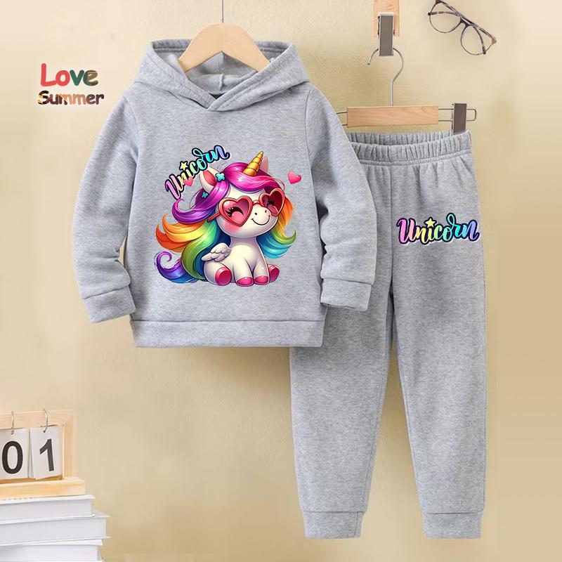 Girls Autumn/Winter 2Piece Set Cute Unicorn Print Hooded Sweatshirt Pants Warm Casual Stylish Active Play Perfect for Outdoor