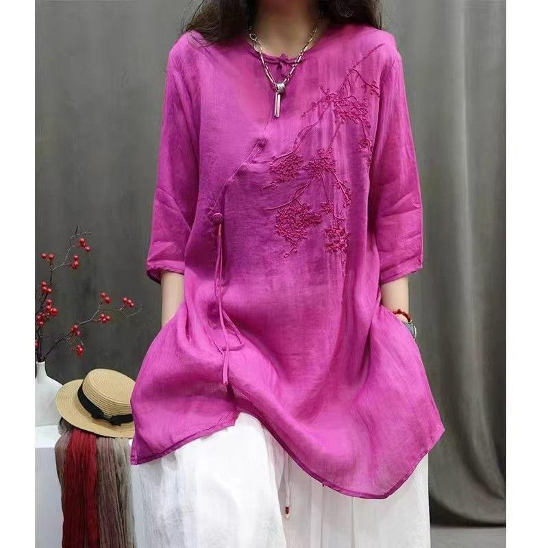 

women s Floral Embroidered Cotton Linen Blouse New Chinese Style Loose Fit 3/4 Sleeve Mid Length Casual Shirt M розы красного