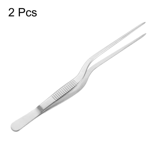 uxcell Offset Tweezers, 16cm Stainless Steel, Precision Serrated Tip Tweezers for Kitchen and Cooking, Gardening and Decorating, Plated, 2 Pieces