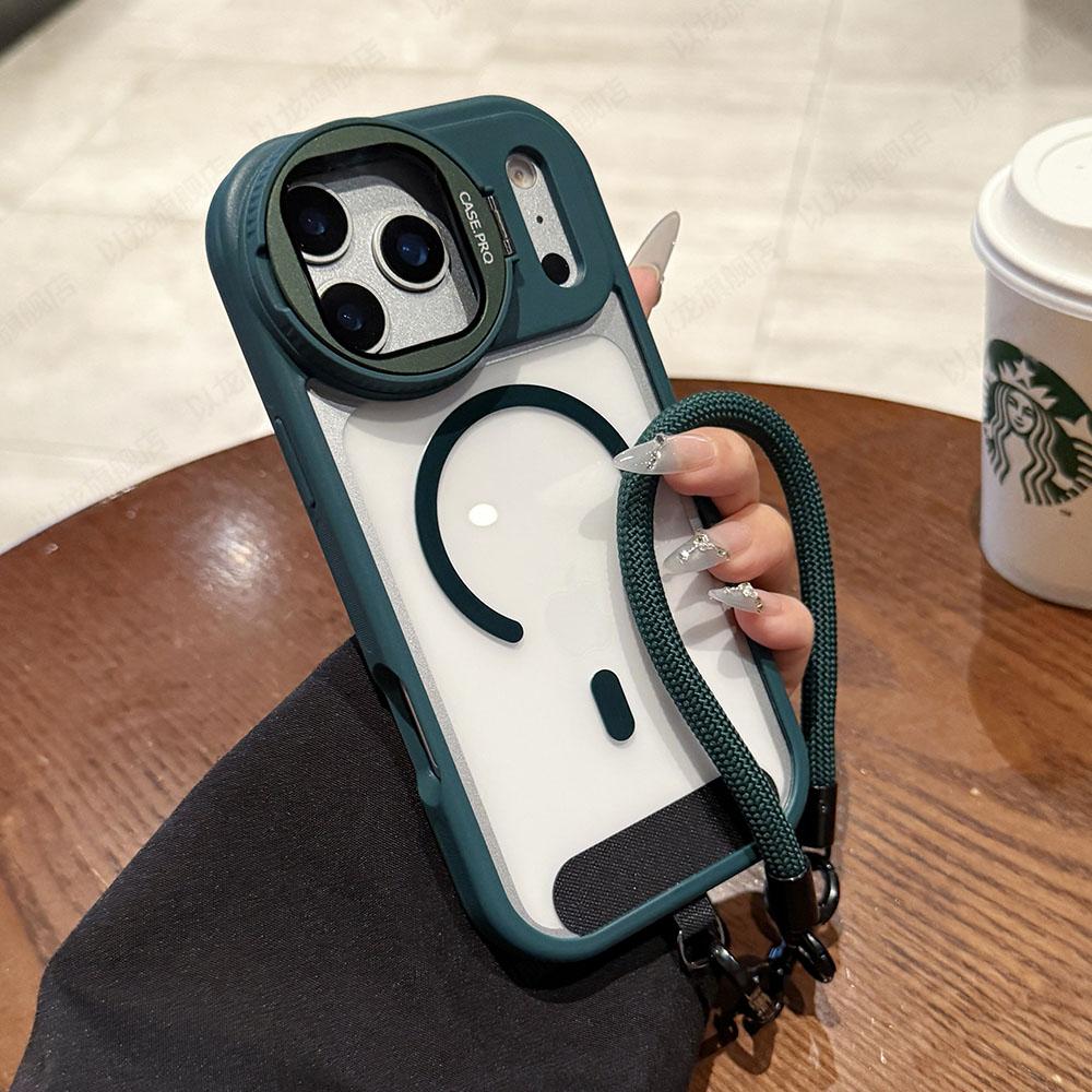 

Magnetic Lens Bracket Lanyard Phone Case for iPhone 17 Pro Max 13 14 15 16 Pro Max Plus Air Flip Stand Transparent Cover iPhone 13 Pro Max