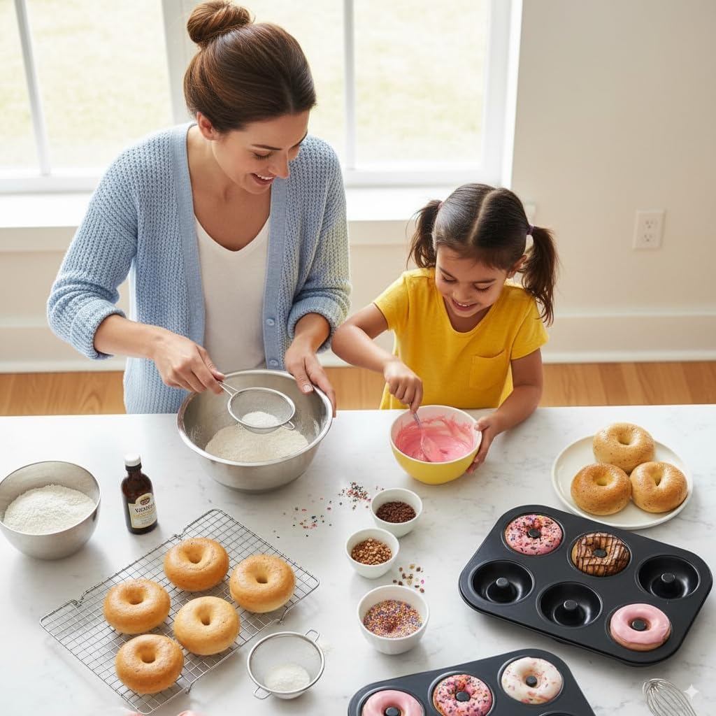WERTIOO Donut Pans 2 Pack, Non-Stick 6-Cavity Mini Baking Pans, High-grade Carbon Steel Donut Mold - Bagels Doughnuts Biscuit Cake Baking Tray Maker