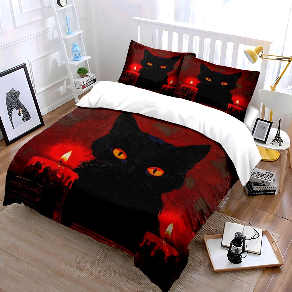 Black Cat Candlelight Decor Set Soft Comfortable Duvet Cover Bedding Set Included 1*Duvet Cover & 2*Pillowcases, Gift