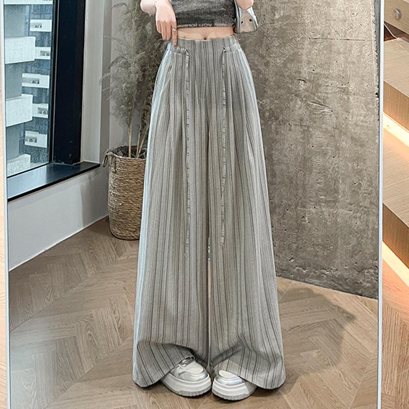 Korean Retro Style Women's Striped Wide-Leg Lace-Up Pants - 2026 Summer Collection
