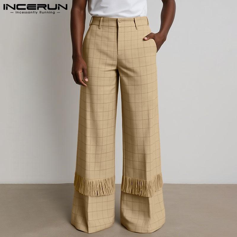 INCERUN Men Zip-up High Waist Plaid Print Tassel Casual Long Trousers Pants