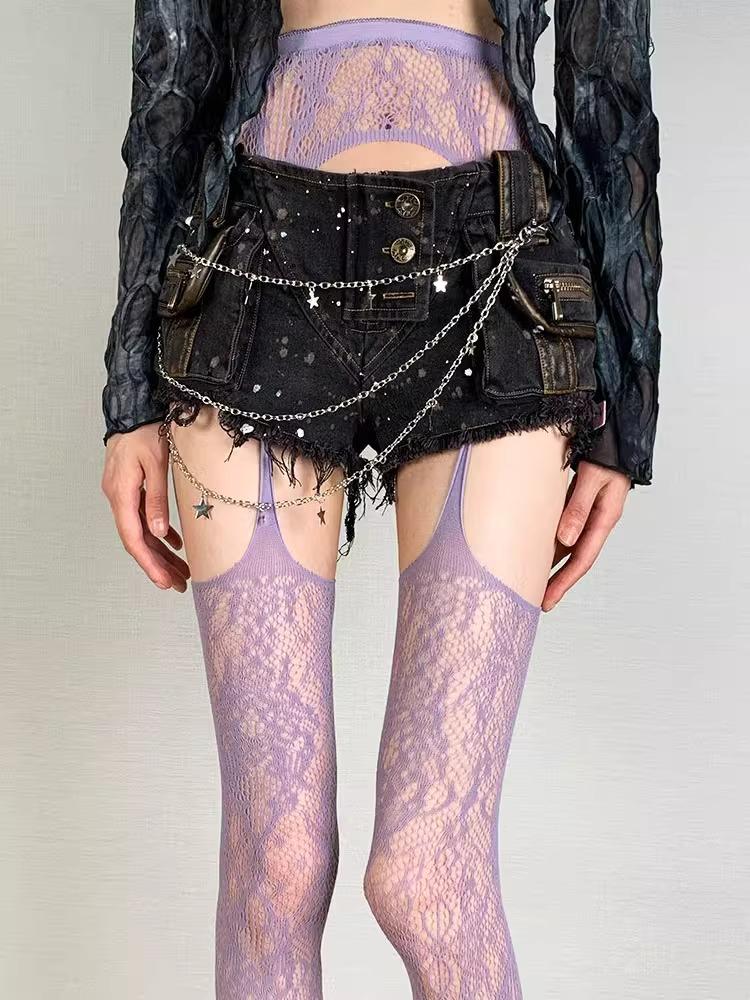 Lolita Sweet Girls Punk Style Floral Tights Colorful Thigh High Stockings Sheer Fishnet Suspender Tights Garter Belt Pantyhose