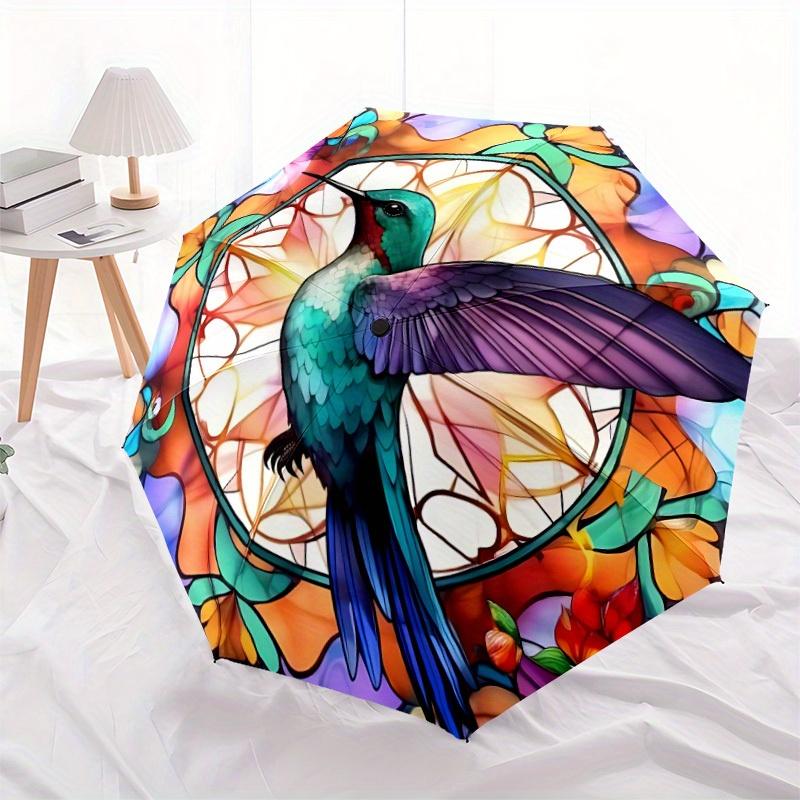 1pc Hummingbird StainedGlass Automatic Open/close Umbrella, 8-Rib Sturdy Structure, Portable Travel Umbrella, Parties, Everyday Use, Outdoor