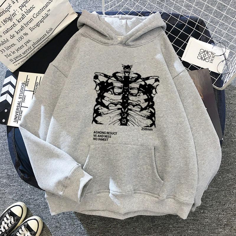 Hoodie Pocket Long Sleeve Streetwear Black Tops Skeleton Print Grunge Gothic Oversized Men Women Hoodie Streetwear Women's Men's Sweatshirt