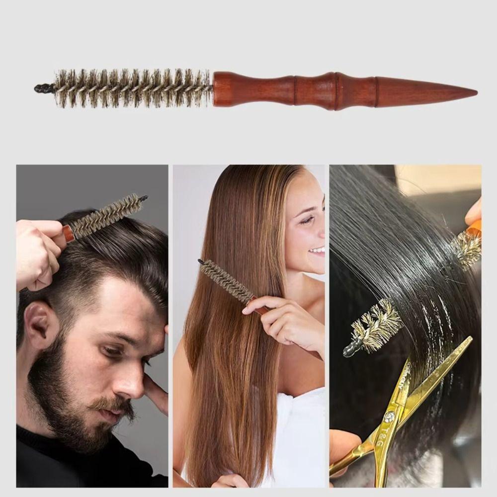 Solid Wood Handle Mini Curling Comb Boar Bristle Hair Rolling Brush Hair Salon Use