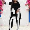 Women Plus Size Round Neck Long Sleeve Black White Orange Printed Asymmetrical Top And Long Pants Two Piece Set