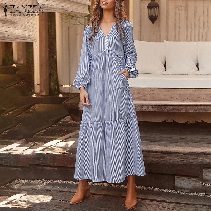 ZANZEA Rochie Lungă Casual cu Mâneci Lungi și Gât în V, Largă, cu Dungi