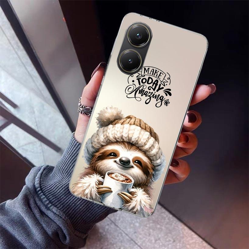 Animal Cute Cartoon Sloth Coffee Phone Case For Xiaomi Poco X7 X6 X5 Pro F7 Ultra Redmi 15C 15 13 13C 12 12C 10 10A 10C 9 9A 9C