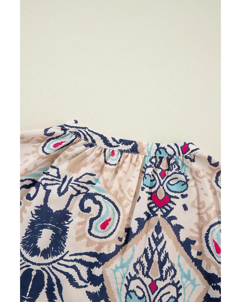 Azura Exchange White Abstract Printed Notched V Neck Split Half Sleeve Blouse