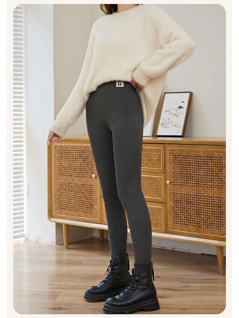 Women's High Waist Fleece-Lined Ribbed Leggings - Warm, Comfortable, Cotton, for Autumn and Winter Wear, Nine-Point Length.
