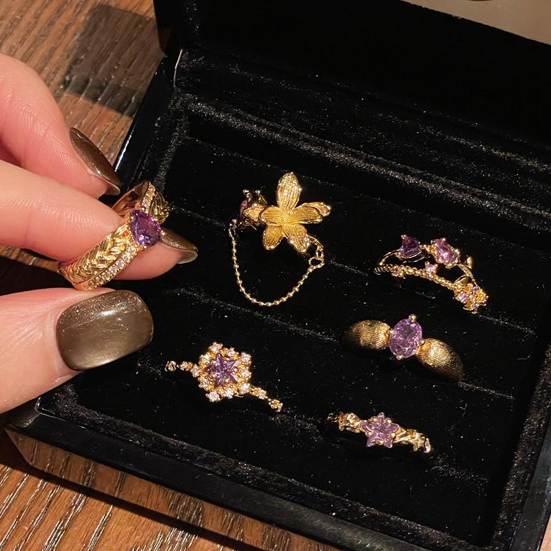 Medieval French Retro Nine Purple Off Fire High-End Purple Zir*****Pen Ring Wheat Ear Flower Accessories Women