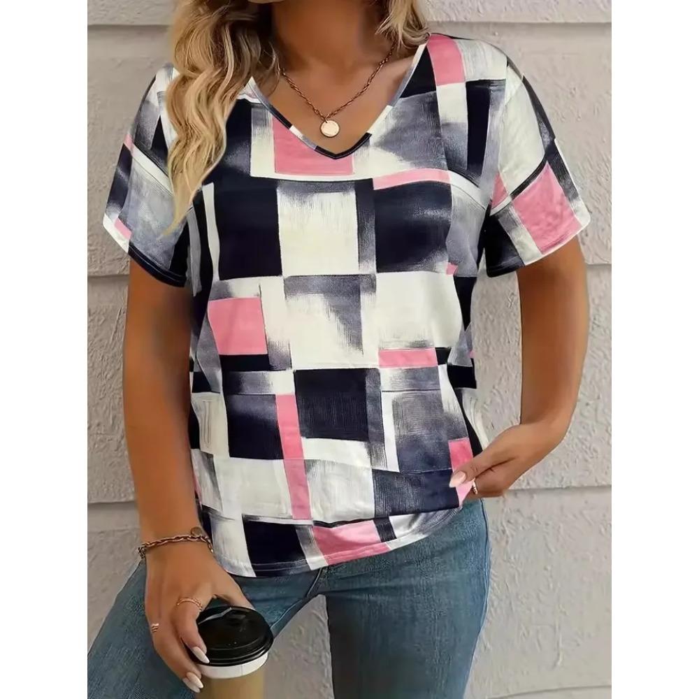 Summer plaid women's V-neck T-shirt outdoor casual short-sleeved top