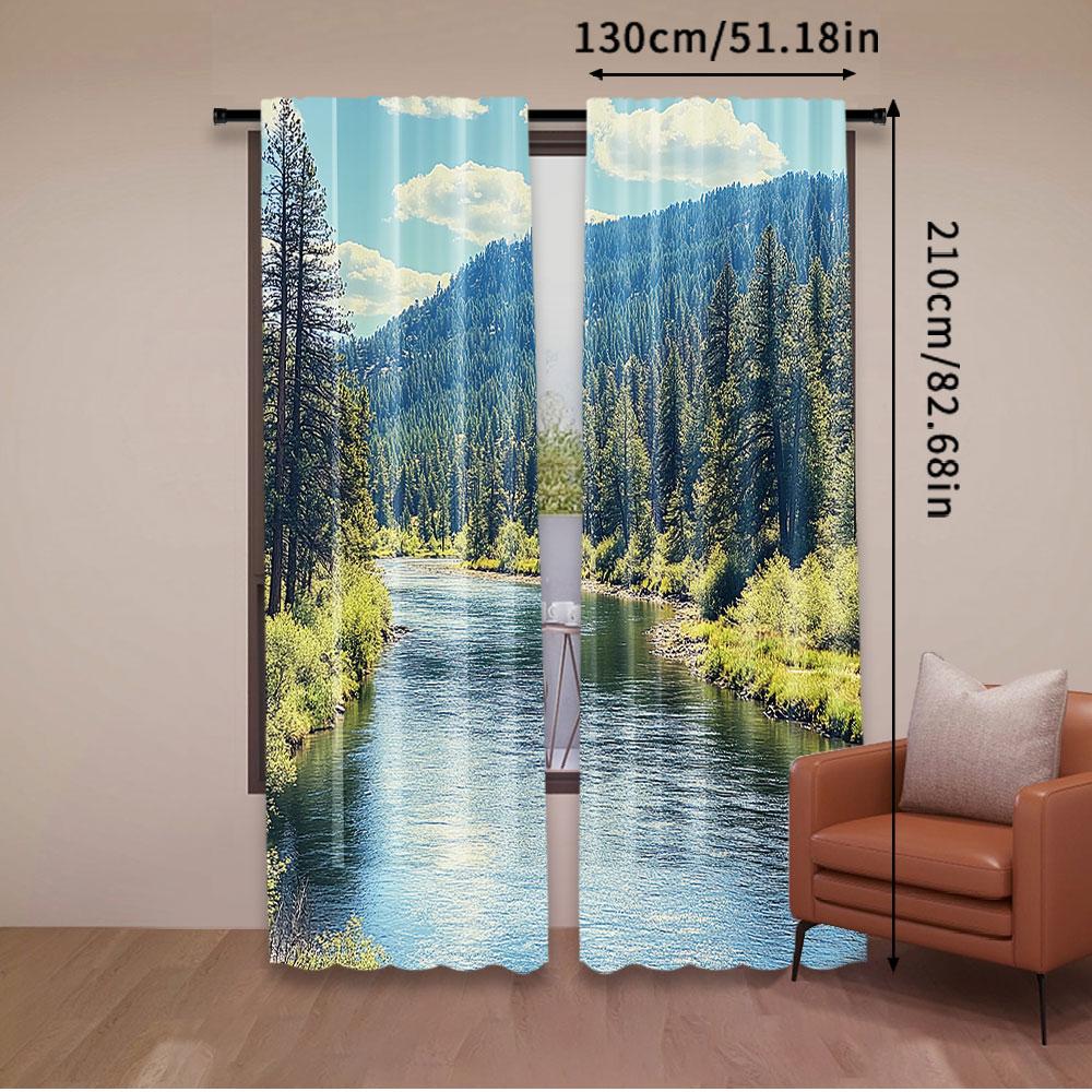 Landscape Curtains Scenic Mountain Pine Trees Flowing River Foliage Daytime Nature View Bedroom Living Room Set Of 2 Made Polyester Area Decor