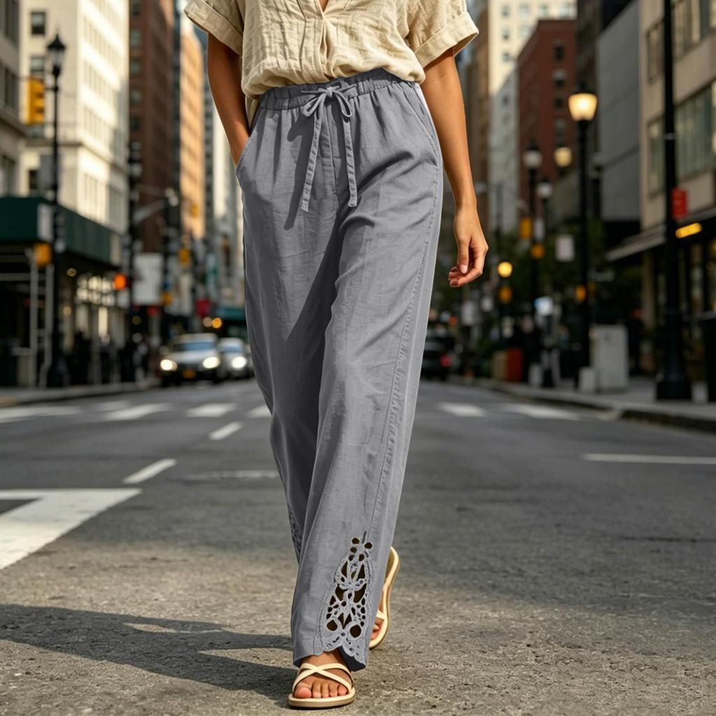 Women's Casual High Waisted Color Lace Trim Pants with Pockets