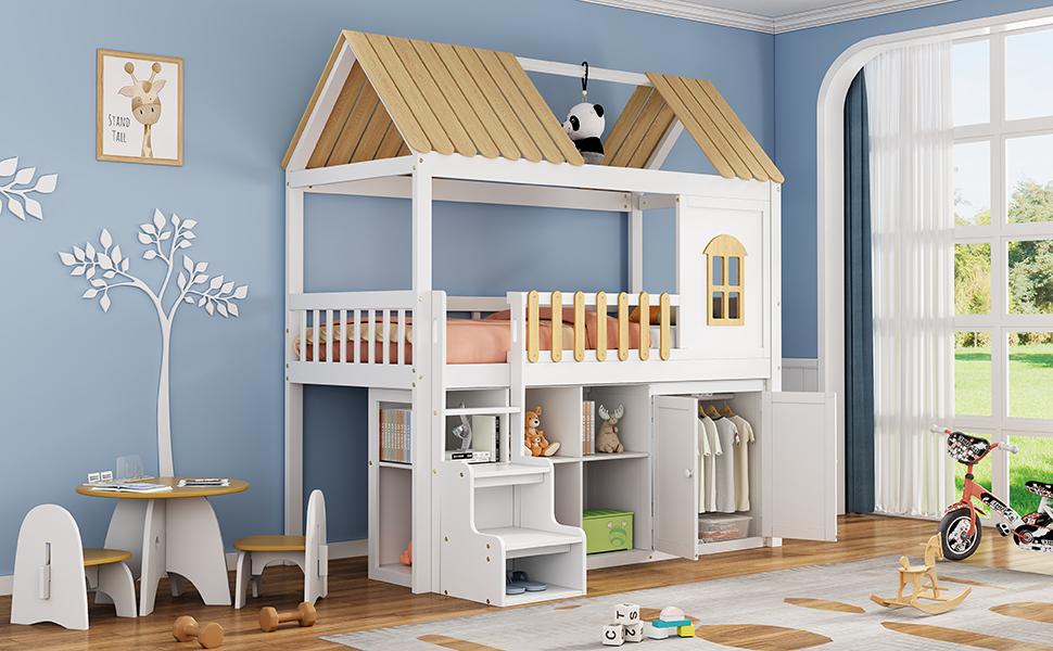 Paturi supraetajate, Spațiu de depozitare generos, Dulap, Fereastră, Cadru din pin, Dulap pentru pantofi, Trepte, Design minimalist, Balustradă stabilă, Alb+Natural, 90x200cm