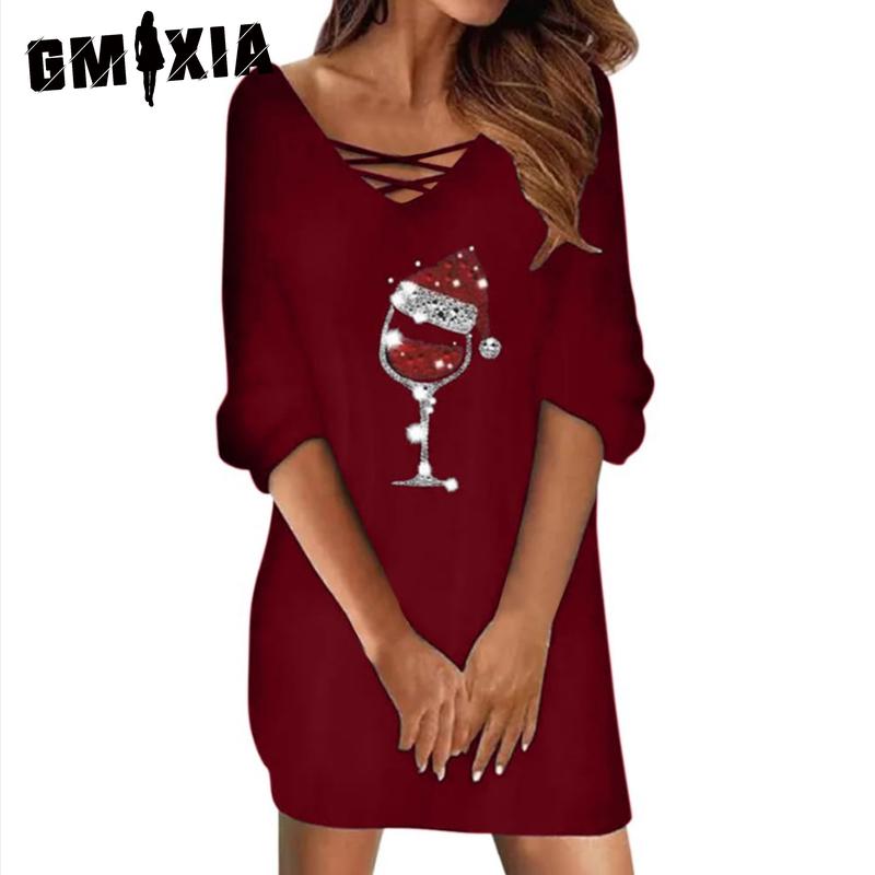 

GMXIA Женская мода весна-осень однотонный принт длинный рукав V-образный вырез высокая талия повседневные платья XXL бордовый