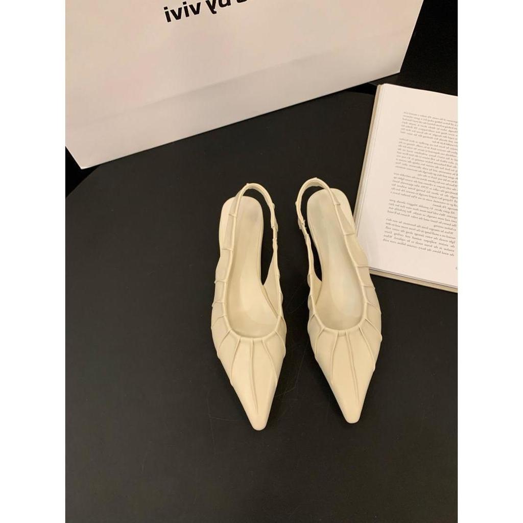 Trendy brand French low-heeled niche bag head sandals women's shoes 2025 new summer folds with skirt pointed single shoes