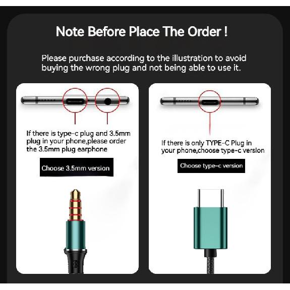 Heavy Bass Type C 3.5mm HIFI Stereo Wired Earphones In-ear Headphones with Mic Earbuds Noise Reduction Gamer Headset for Samsung