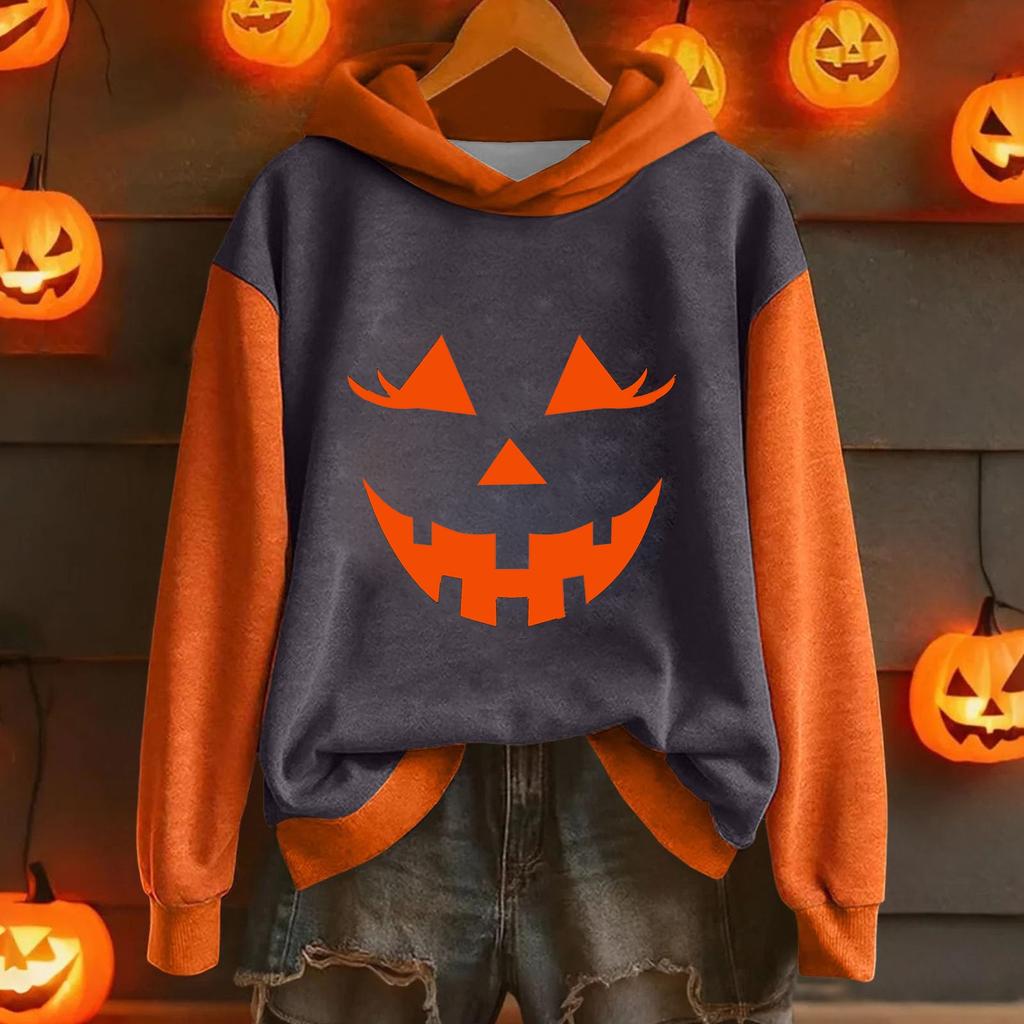 Ladies' Casual And Fashionable Halloween Printed Long Sleeved Hooded Warm Shirt Loose And Comfortable Hoodie