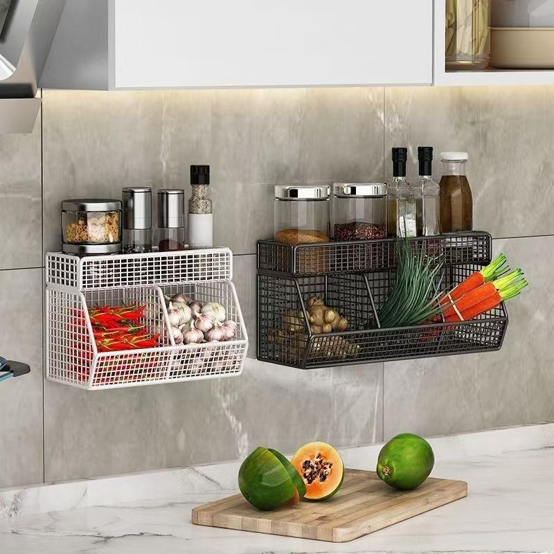 Koszyk do przechowywania w kuchni montowany na ścianie odpowiedni do trwałego metalowego drutu do przechowywania przypraw, warzyw i cebuli, czosnku półka ścienna