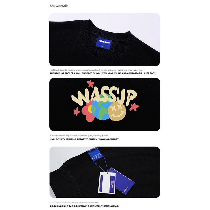 Wassup Heods American Trendy Brand Crew Neck Sweatshirt for Men and Women, Autumn and Winter Loose Casual Heavyweight Fleece Couple Tops