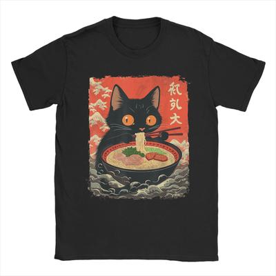 Japanese Black Cat Ramen T-Shirt for Men Crew Neck Pure Cotton T Shirts Kawaii Noodle Cat Short Sleeve Tees Original Clothes