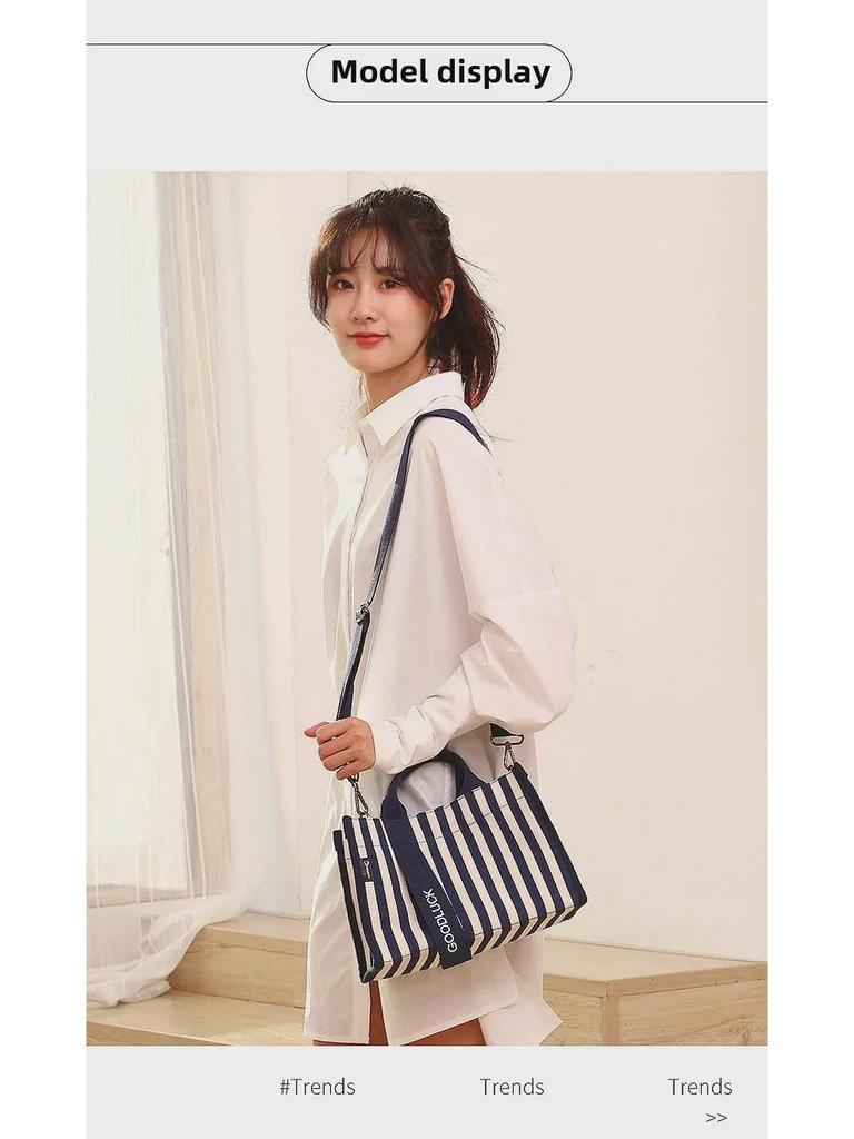Drezm Korean Crossbody Tote - Small Square Canvas Striped Bag for Women