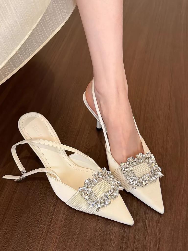 Women's Single Shoes with Heels Thin Heels Pointed Toe Rhinestones Heels Dress Banquet Leaking Heel French Sandalias De Mujer