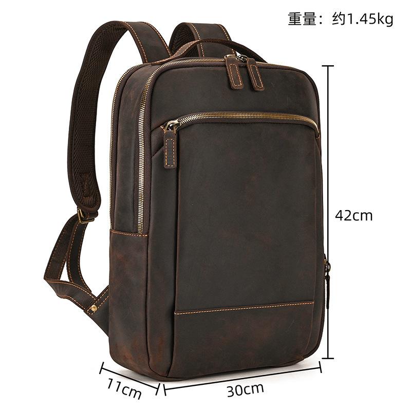Retro Backpack Double Zipper Main Bag Leather Backpack Large Capacity Mad Horse Leather Outdoor Travel Bag Leisure Computer Bag