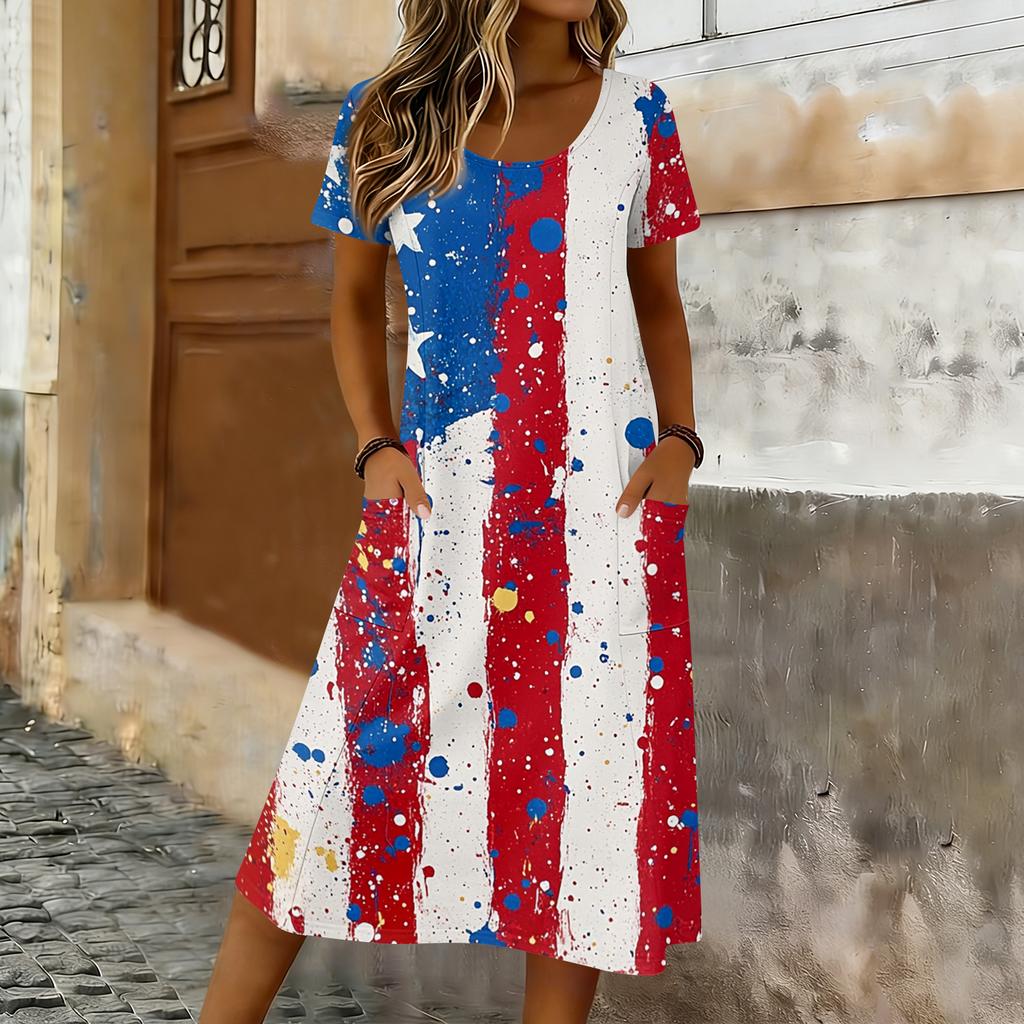 Damen Sommer Maxikleid mit kurzen Ärmeln, lockerem Schnitt, Stern- und Streifenprint, lässig, Rundhalsausschnitt, mit Taschen