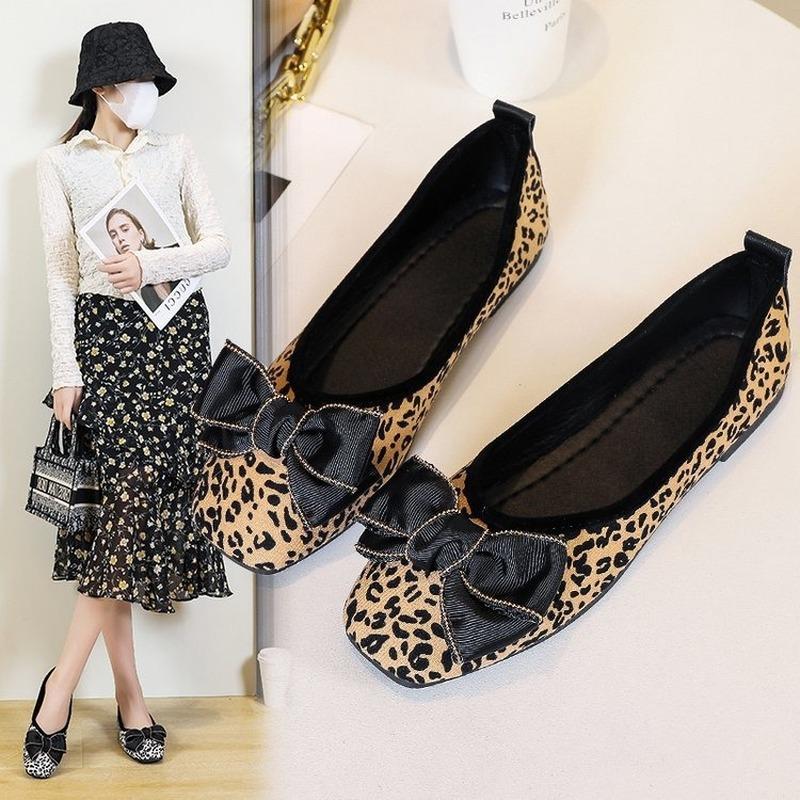 2024 Autumn New Square Toe Bow Tie Flat Casual Shoes Women Fashion Leopard Designer Soft Sole Loafers Female Slip on Lazy Shoes