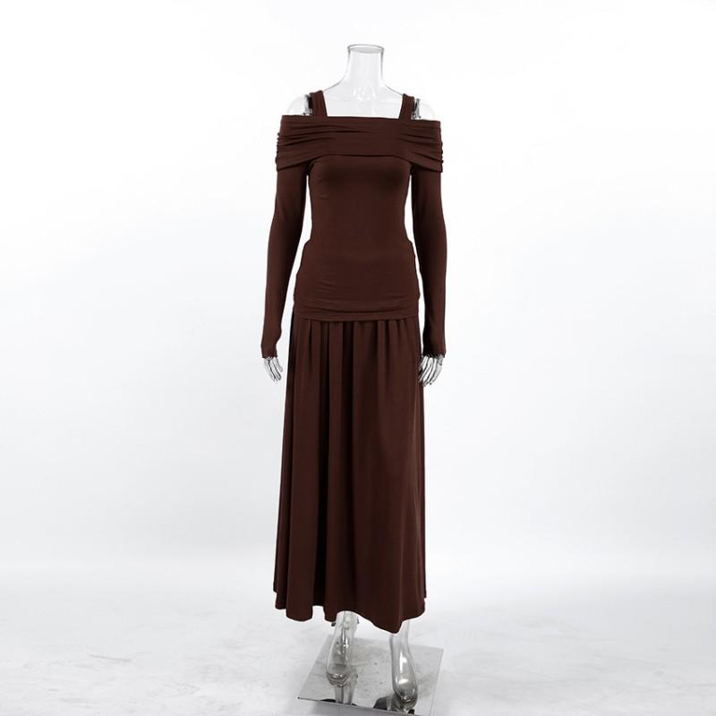 Womens 2-Piece Set Long Sleeve Sweet Top Pleated Midi Skirt Elegant Commute Outfit