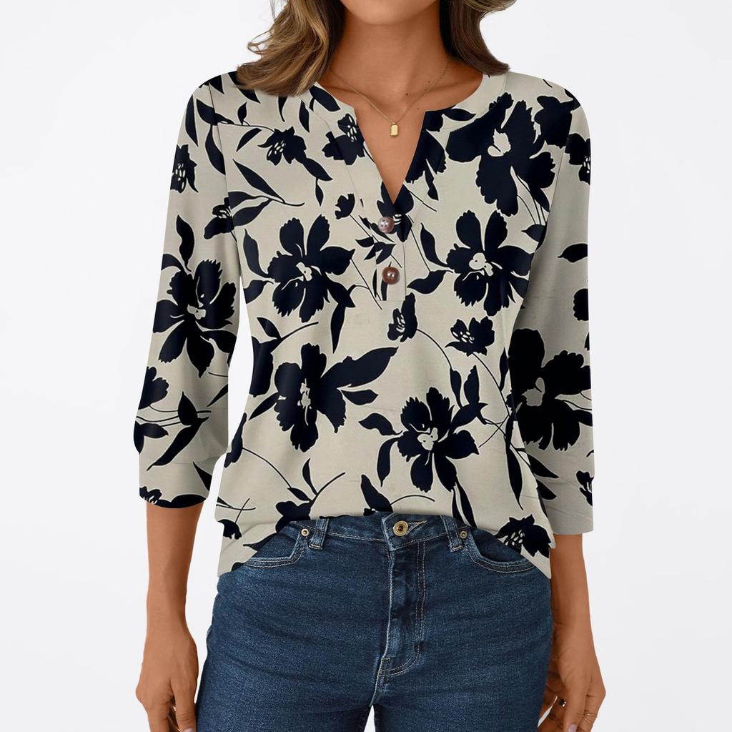 Mote dame avslappet 3/4 ermet T-skjorte trykk V-hals knappetopp