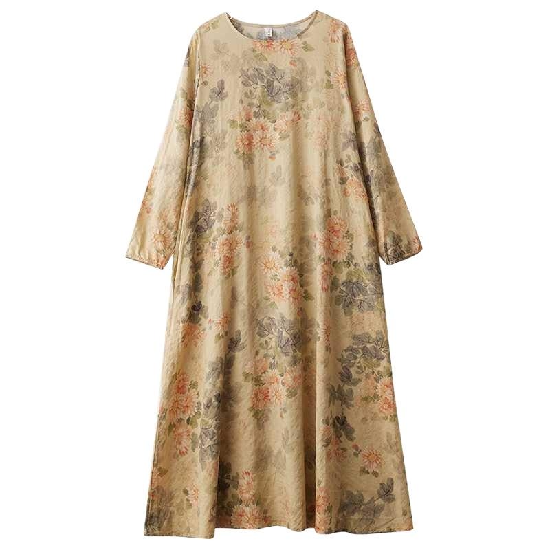 Printed Round Neck Loose Plus Size Long Sleeve Plus Size Vacation Dresses