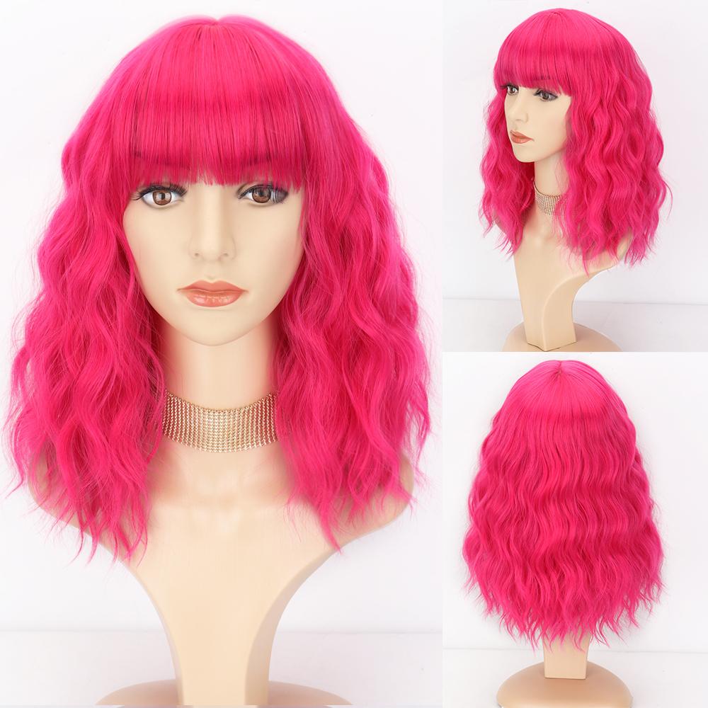 MISS WIG Short Bob Wavy Synthetic Wig For Women With Bangs Blonde Ombre Medium Wig Heat Resistant Fiber Hair Party Cosplay