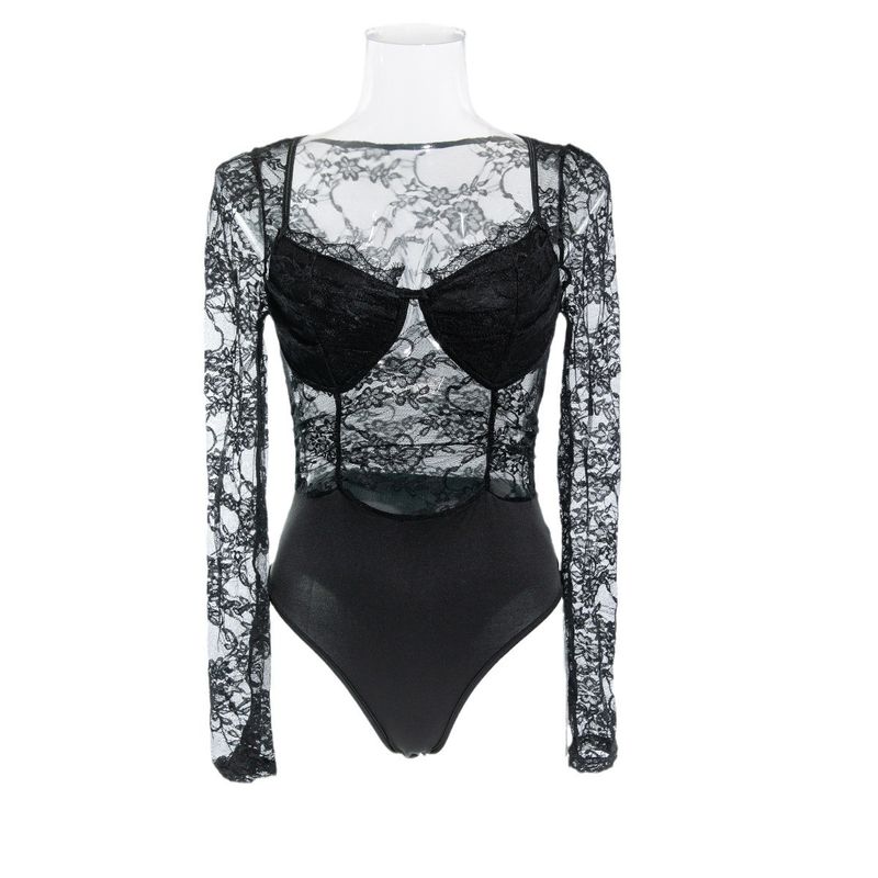 Summer Committee New Arrival Boutique Women's Clothing Low Cut U-Neck Long-Sleeved Perspective Sexy Hot Fashion Silm Fun Lace Jumpsuit