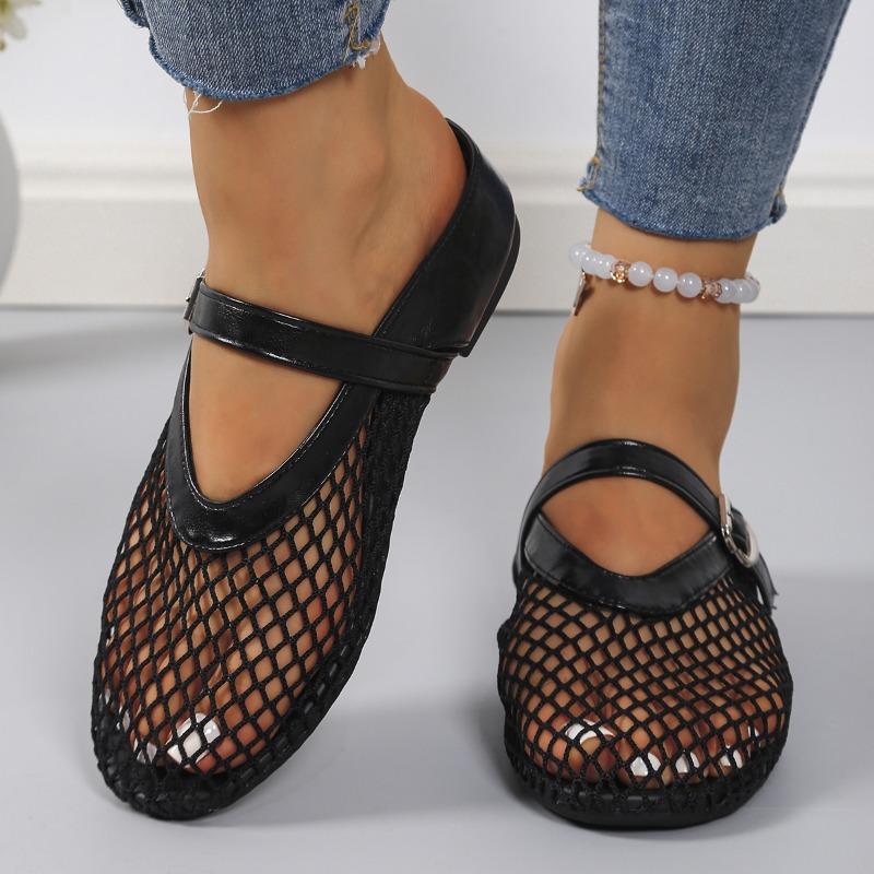 Fashion Fashion Fishing Net Round Toe Hollow-out Flat Shoes Women's Baotou Shallow Mouth Belt Buckle Mesh Soft-sole Slippers