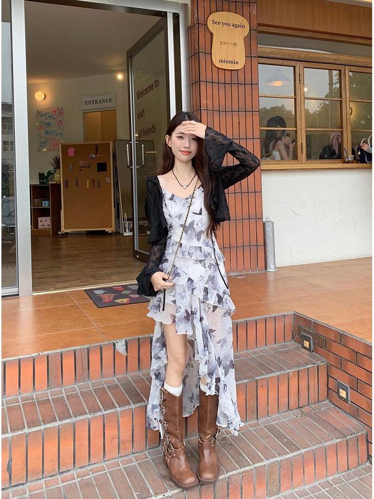 Retro French Floral Maxi Dress – Slim Waist & Irregular Hem for Women