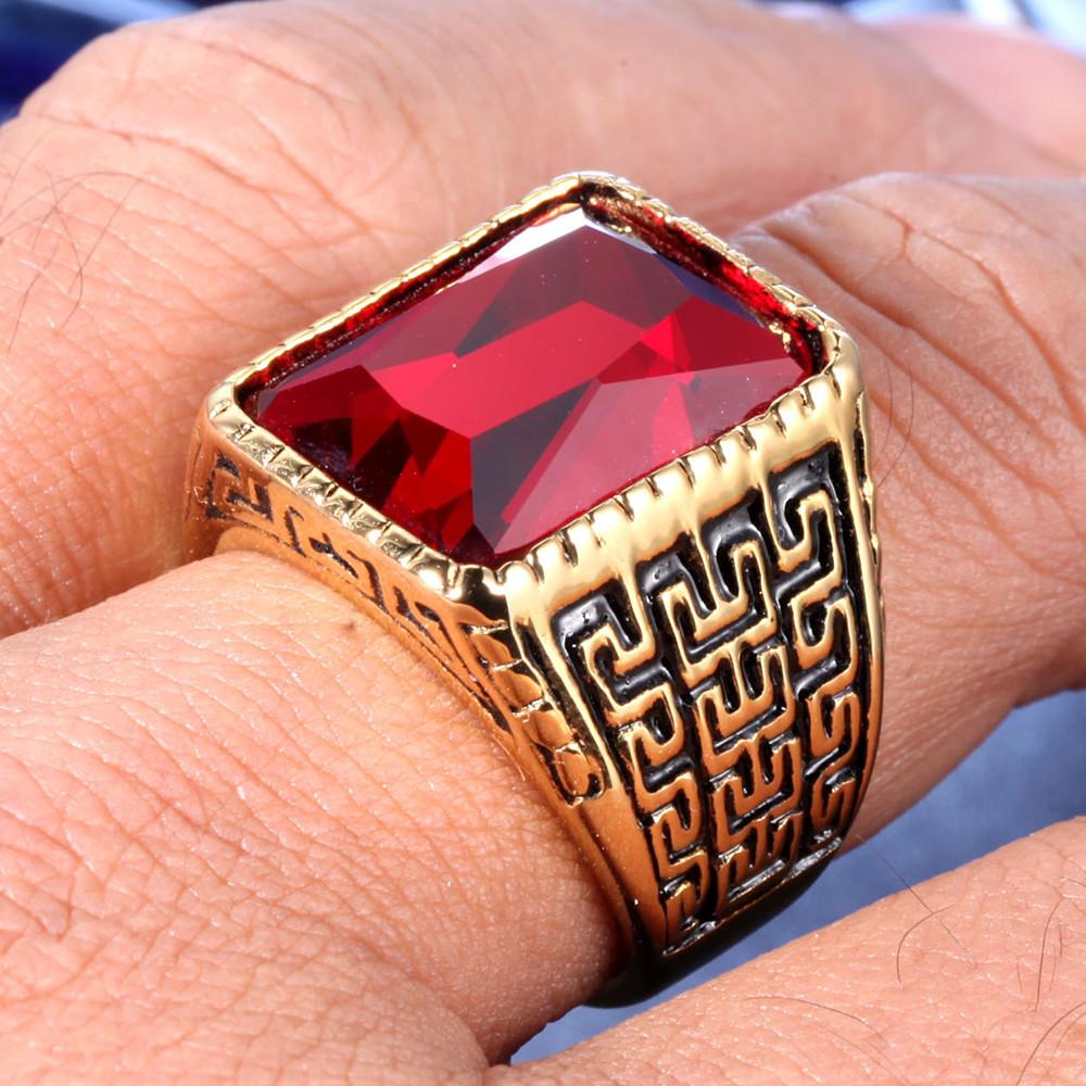 Geometric Carved Square Red Black 5A Zircon Diamonds Gemstones Rings Bague for Men 18k Gold Filled Stainless Steel Jewelry Cool