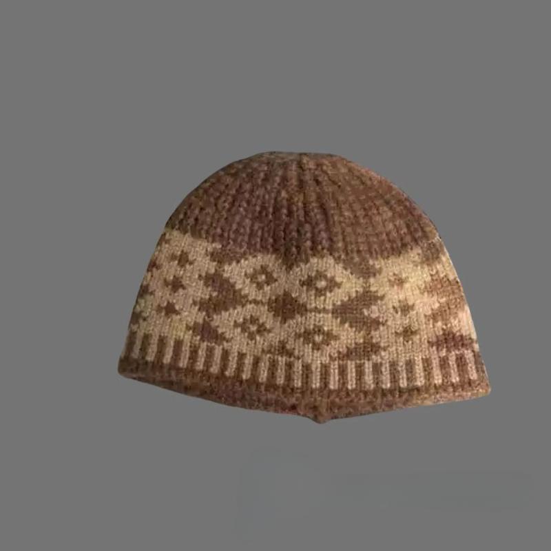 Retro, Diamond Grid Knitted Woolen Hat, Women, Winter, Big Head Circumference, Small Face, Warm and Cold Proof, Hooded Hat, Winter Warm Hat