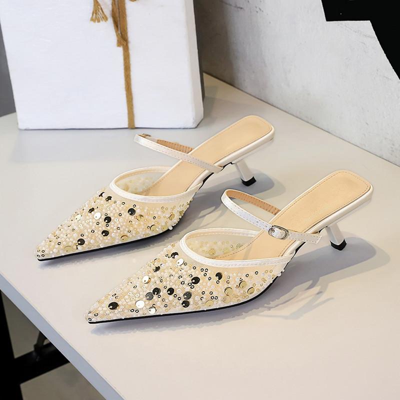 Fashion Fashion Pearls Sequined Rhinestones Women Pumps Summer Air Mesh Thin High Heels Mules Slides Elegant Slingbacks Party Lady Shoes